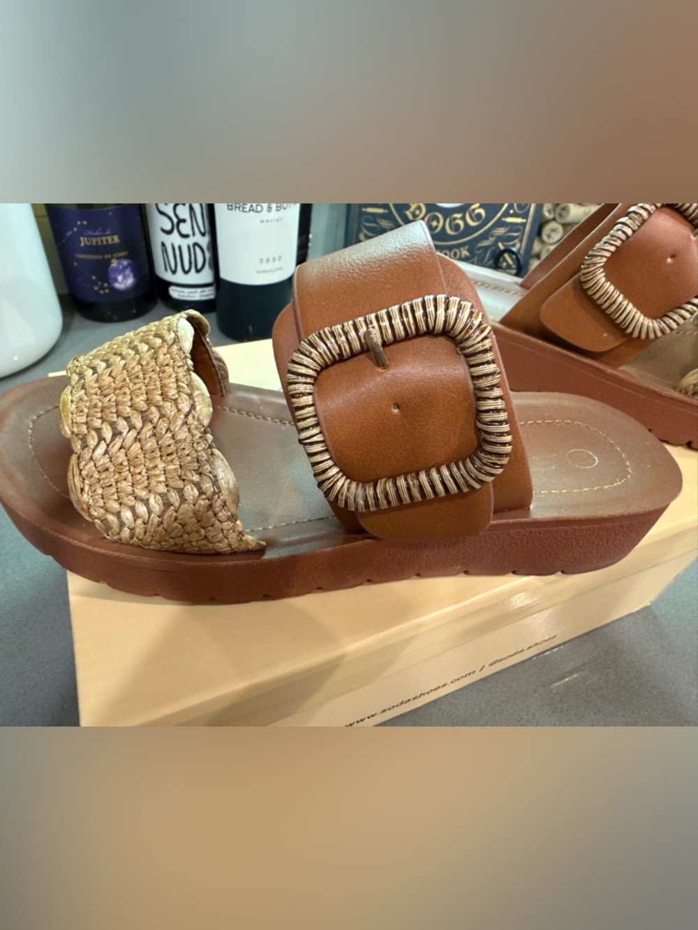 Soda brand Braided Raffia & Brown Platform Slide Sandals